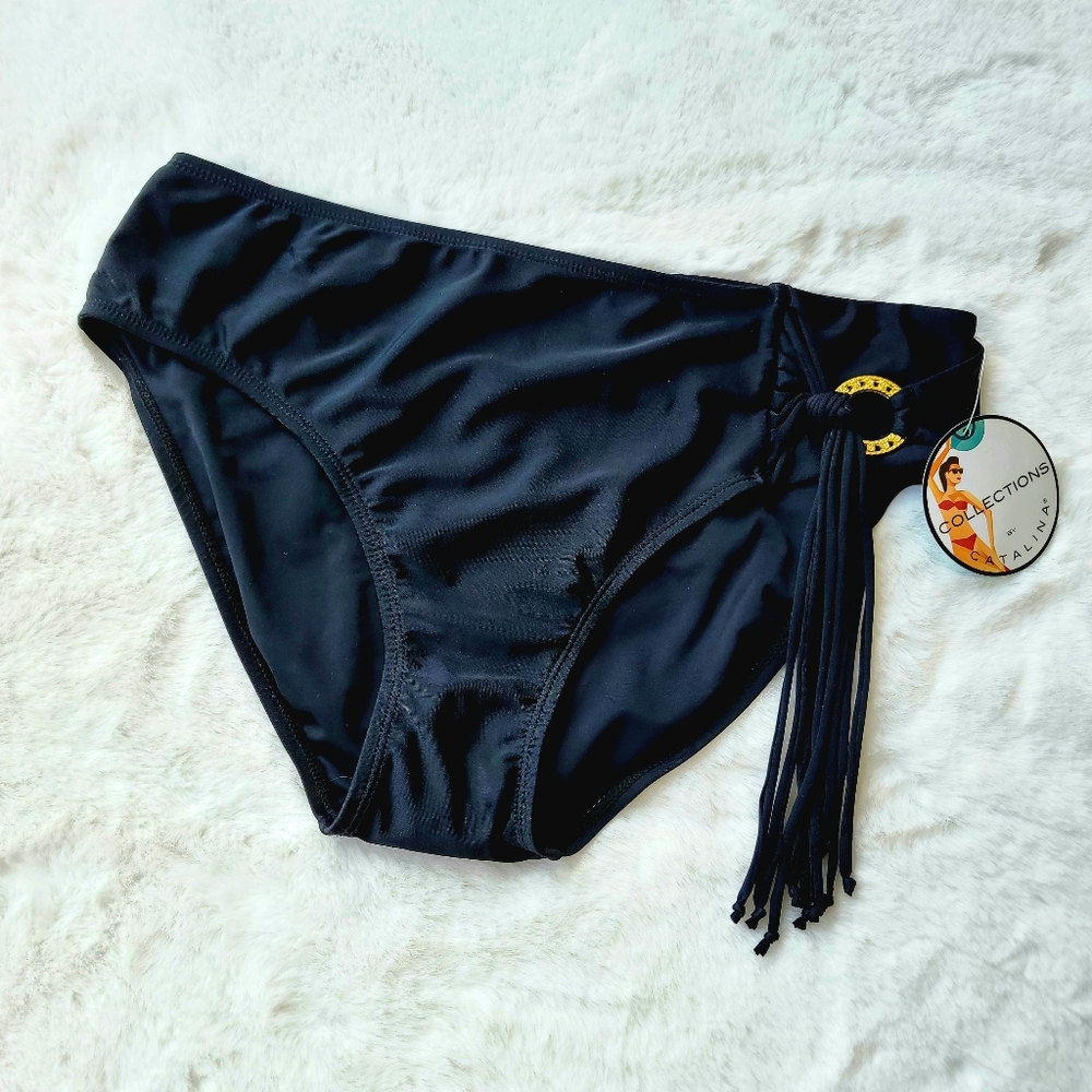 CATALINA ♡ NWT Gorgeous Black with Gold Ring 'n Tassel Bikini Bottoms L 12-14